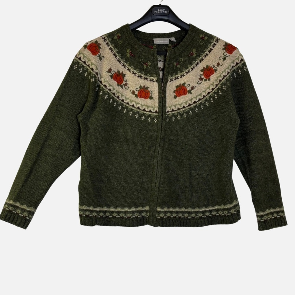 VTG 90s Croft and Barrow Pumpkin Fall Harvest Fair Isle Wool Blend Cardigan M